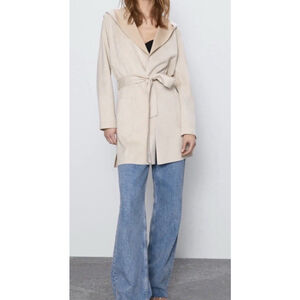 Zara Coat Women's Medium Faux Suede Trench Tan Belted Mid Length Hooded